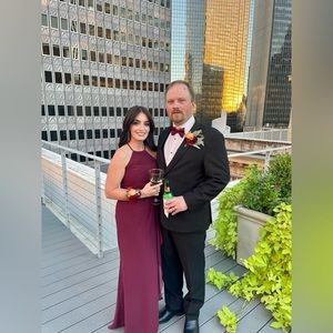 High Neck Chiffon Bridesmaid Dress with Cascade - David's Bridal - Size 2 - Wine